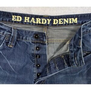 Ed Hardy Jeans Mens 36x32 Blue Distressed Splatter Straight Flap Pockets Whisker